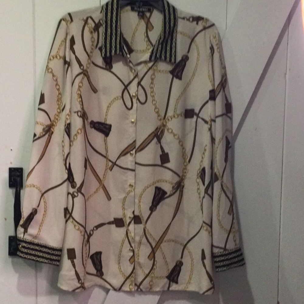Preloved💛Roz & Ali Cream and Brown Chain-Print Button Shirt